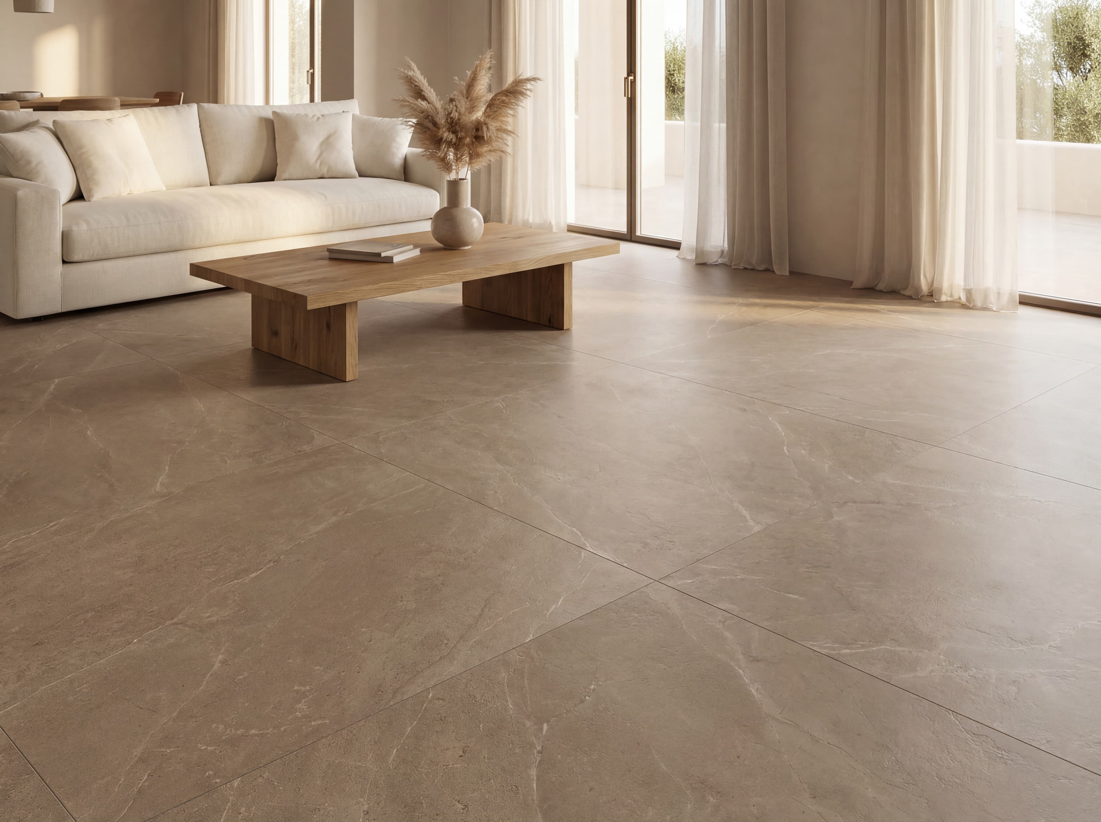 Salon en grès cérame grand format, l'élégance au naturel.